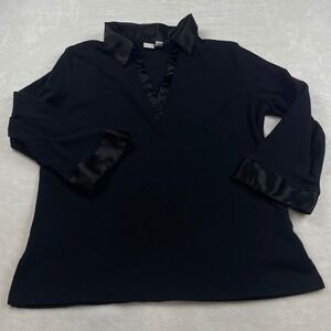 Route Black 100% Cotton V-Neck Top with Satin Trim Collar and Cuffs XL
